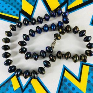 Vintage 80s Black saucer shaped oil slick bead necklace 18"